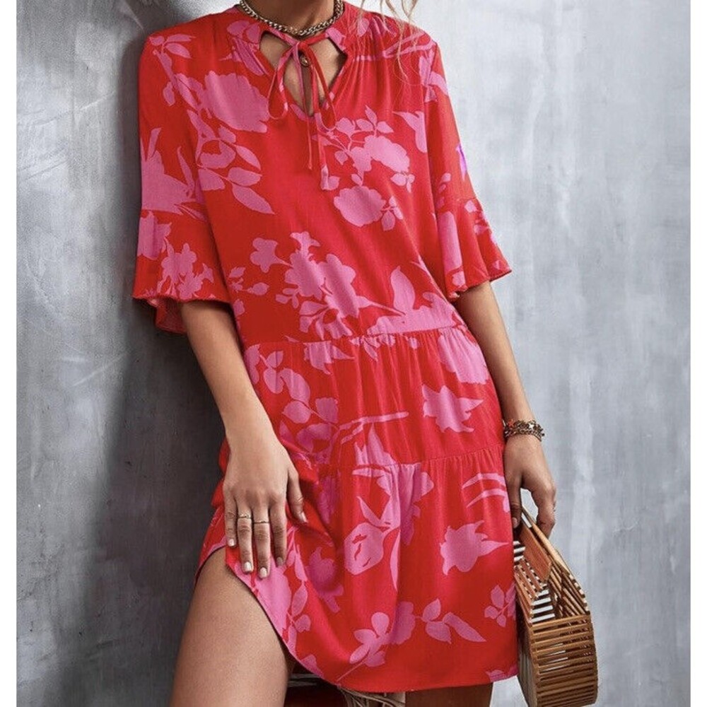 QINCAO Womens Size L ~ Loose Tiered Babydoll Ruffled Sleeve Dress ~ Coral & Pink - Picture 3 of 6
